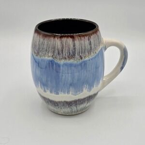 American Atelier Stoneware Mug Blue Brown Drip Glaze Barrel Shape‎
